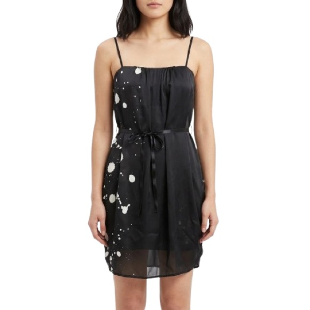 Janette Y2K Womens Black White Paint Splatter Mini Dress Cami Strap Tie Waist SM